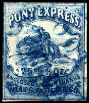 This 25-cent stamp printed by Wells Fargo was cancelled in Virginia City, Nevada, and used on a revived Pony Express run between there and Sacramento beginning in 1862.